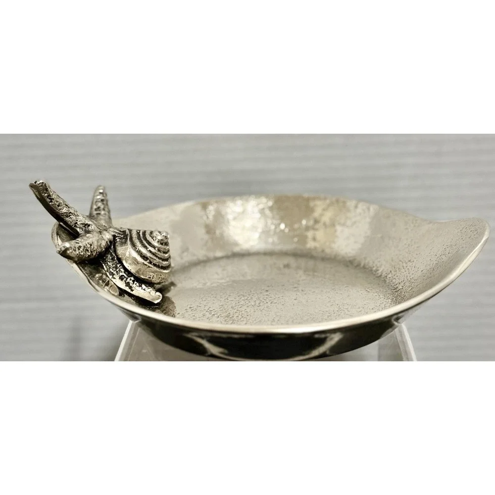 Metal Trinket Change Dish Silver Color Water Fish 7 inches Textured Footed Cute
